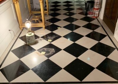 A black and white checkered floor in a house