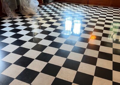 A black and white checkered floor in a room